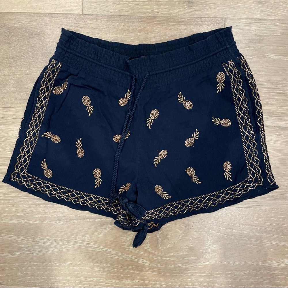 J. Crew navy shorts w/ gold embroidered pineapples